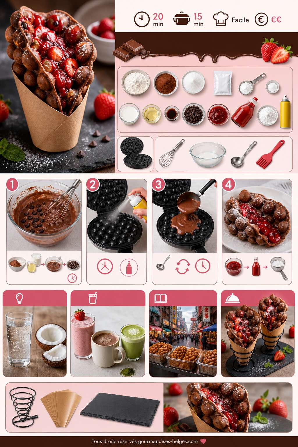 Fiche recette Recette de bubble waffle au chocolat et &agrave; la fraise
