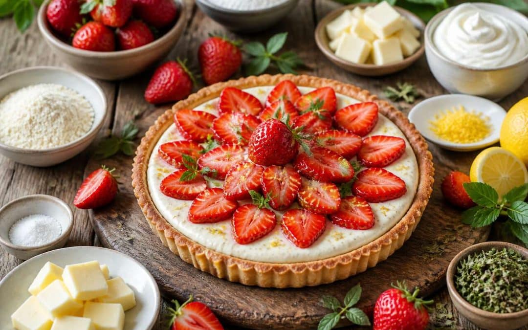 Recette de tarte aux fraises et ganache montée à la verveine citron IG bas