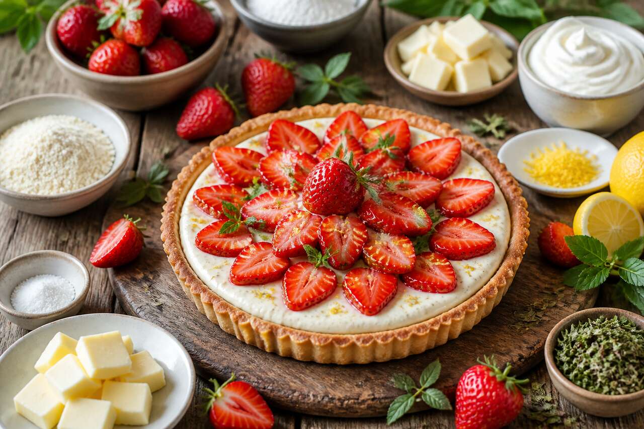 Recette de tarte aux fraises et ganache montée à la verveine citron IG bas