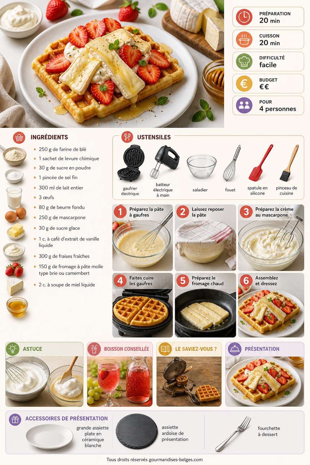 Fiche recette Recette de gaufre au mascarpone, fraises et fromage Fiche recette Recette de gaufre au mascarpone, fraises et fromage