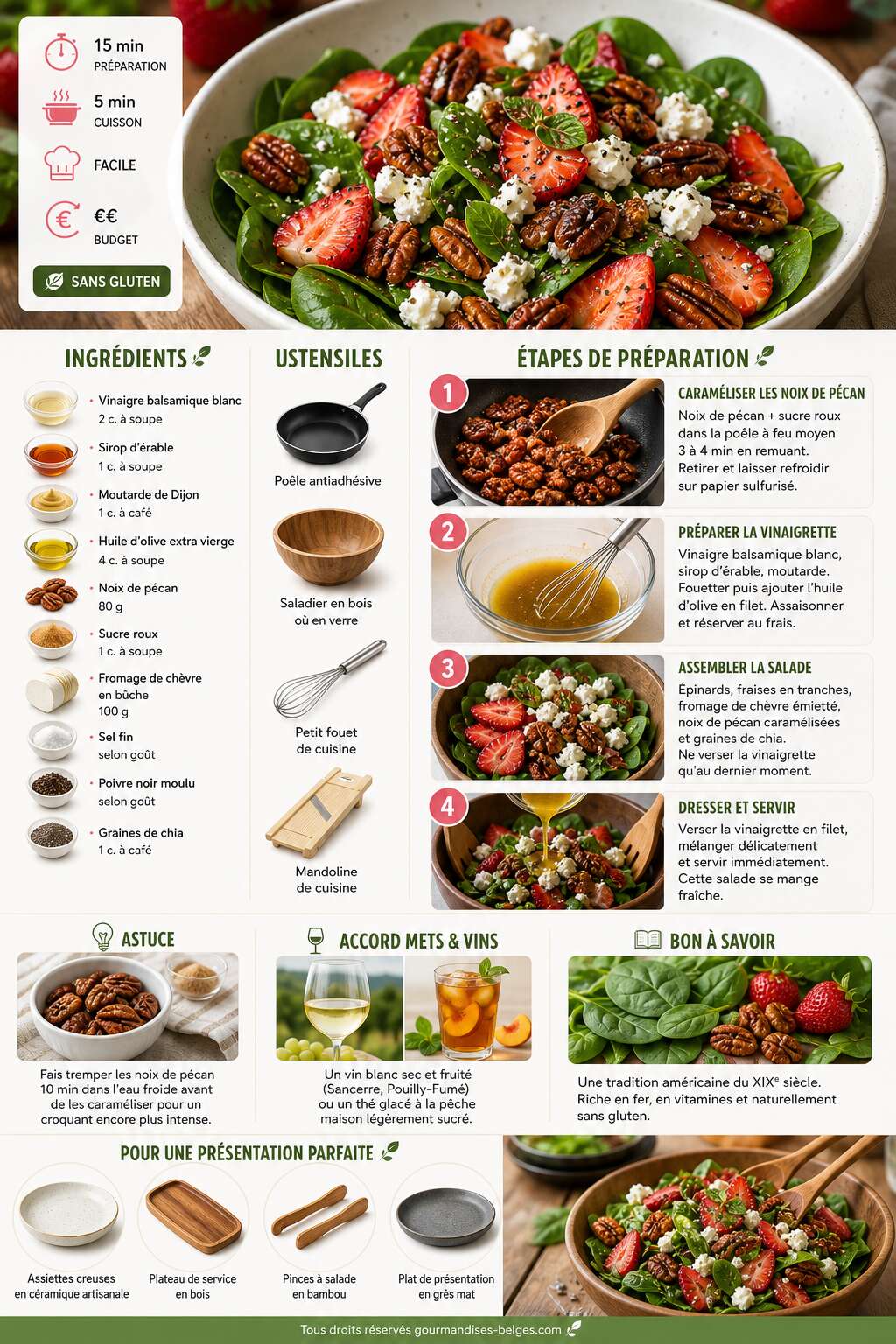 Fiche recette Recette de salade d'été aux fraises, épinards et noix de pécan Fiche recette Recette de salade d'été aux fraises, épinards et noix de pécan