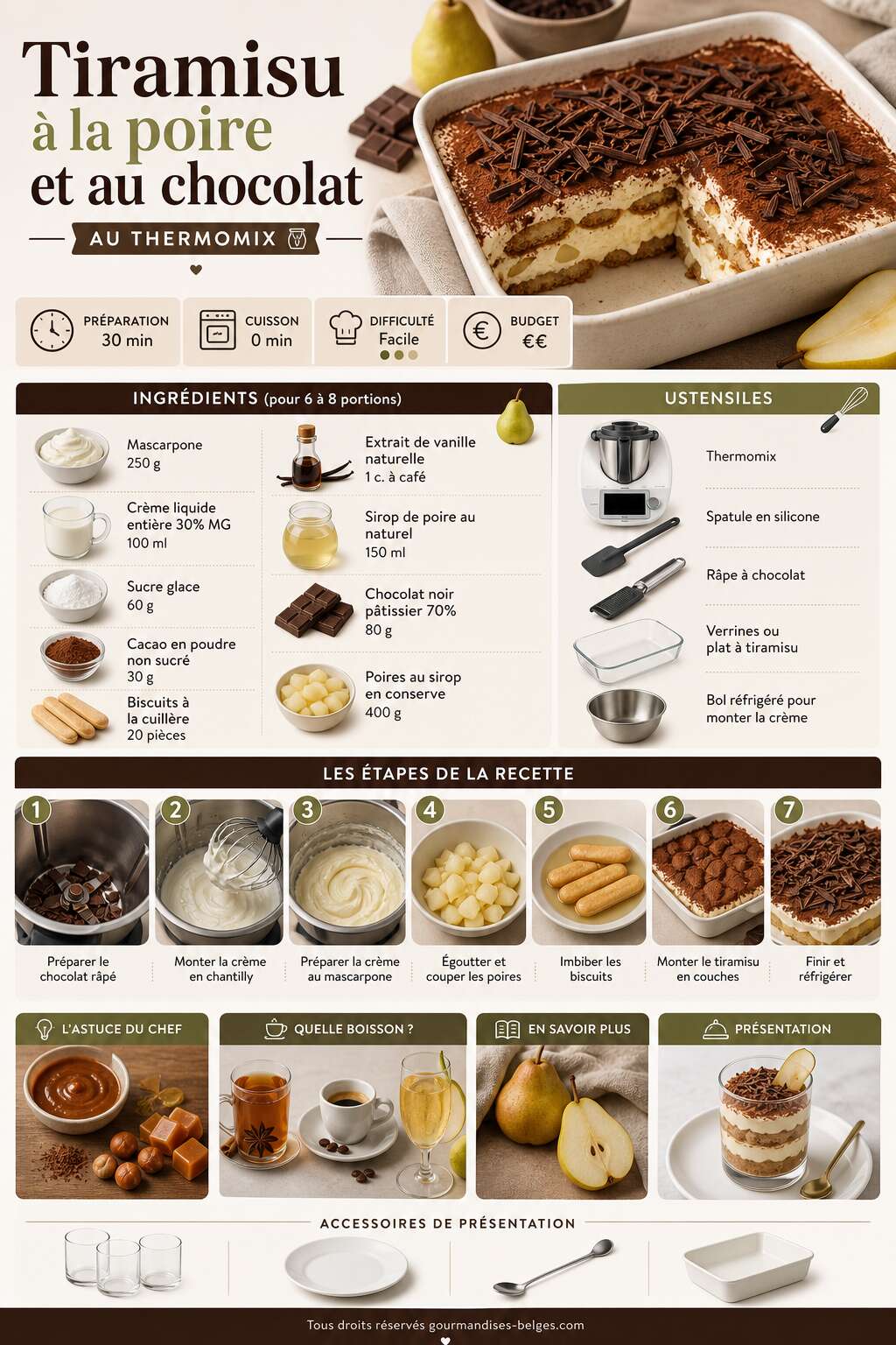 Fiche recette Tiramisu &agrave; la poire et au chocolat au Thermomix : la recette gourmande