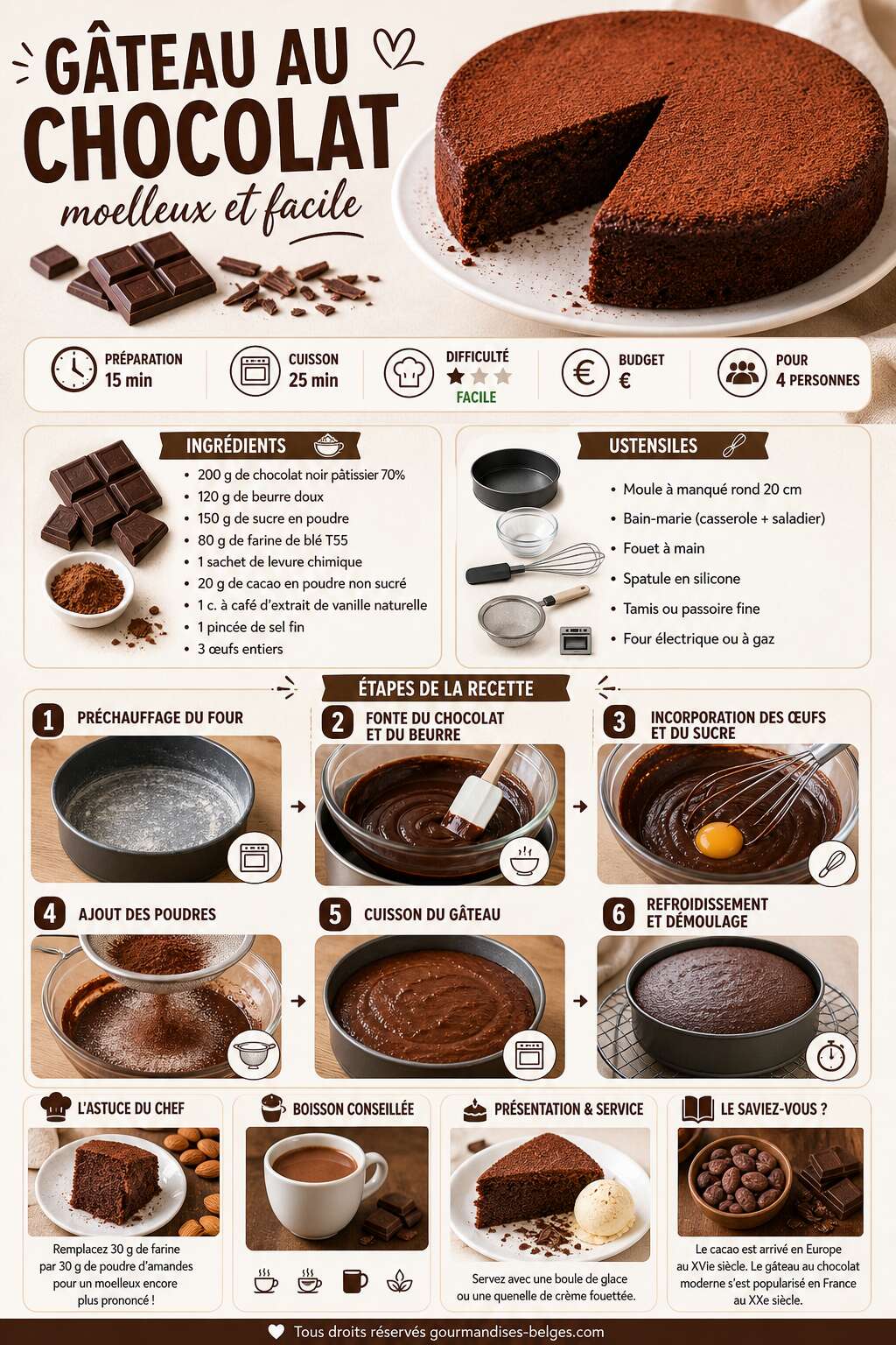 Fiche recette La meilleure recette de g&acirc;teau au chocolat moelleux et facile