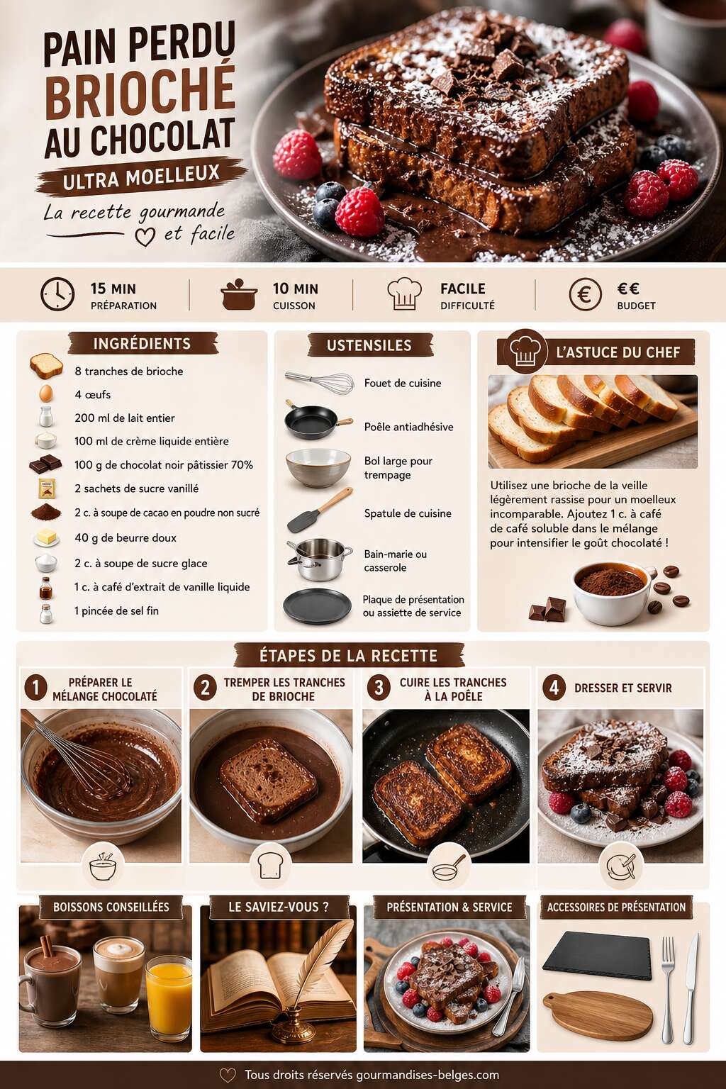 Fiche recette Pain perdu brioché ultra moelleux au chocolat : la recette gourmande et facile Fiche recette Pain perdu brioché ultra moelleux au chocolat : la recette gourmande et facile