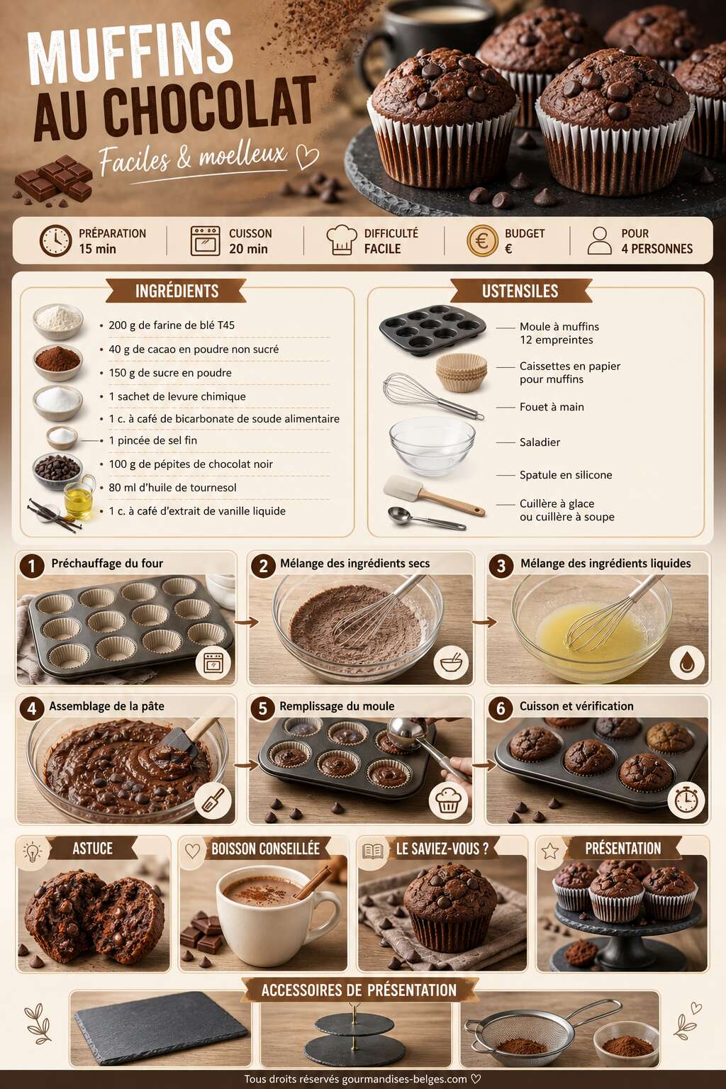 Fiche recette Recette de muffins au chocolat faciles et moelleux Fiche recette Recette de muffins au chocolat faciles et moelleux