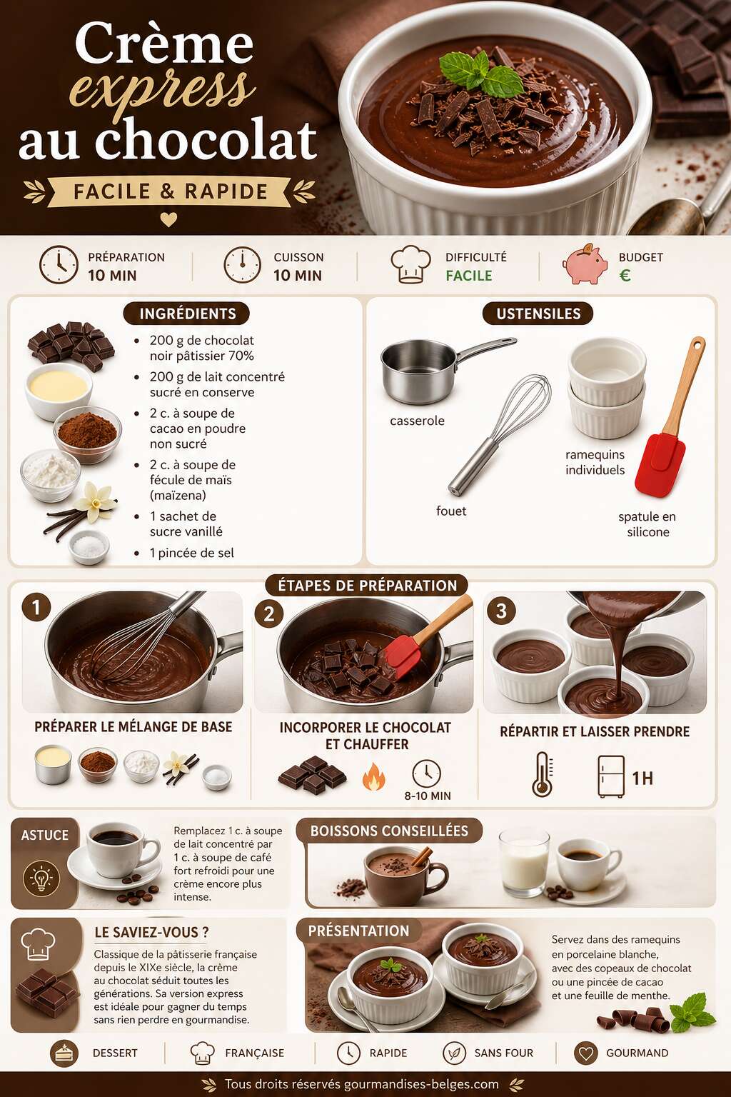 Fiche recette Recette de crème express au chocolat facile et rapide Fiche recette Recette de crème express au chocolat facile et rapide