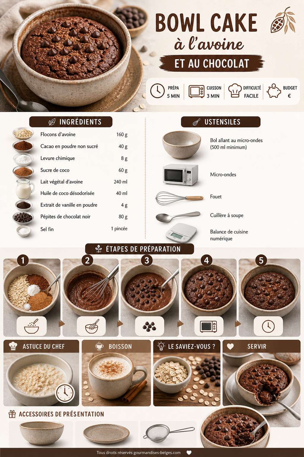 Fiche recette Recette facile de bowl cake à l'avoine et au chocolat Fiche recette Recette facile de bowl cake à l'avoine et au chocolat