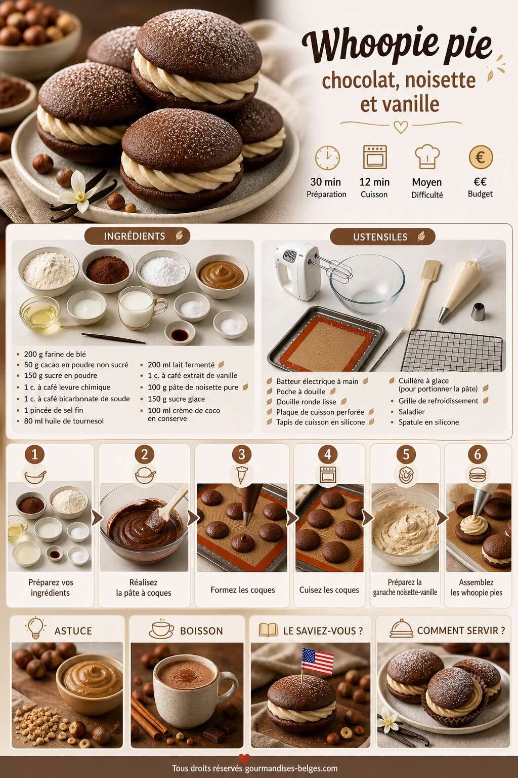 Fiche recette Recette de whoopie pie chocolat, noisette et vanille Fiche recette Recette de whoopie pie chocolat, noisette et vanille