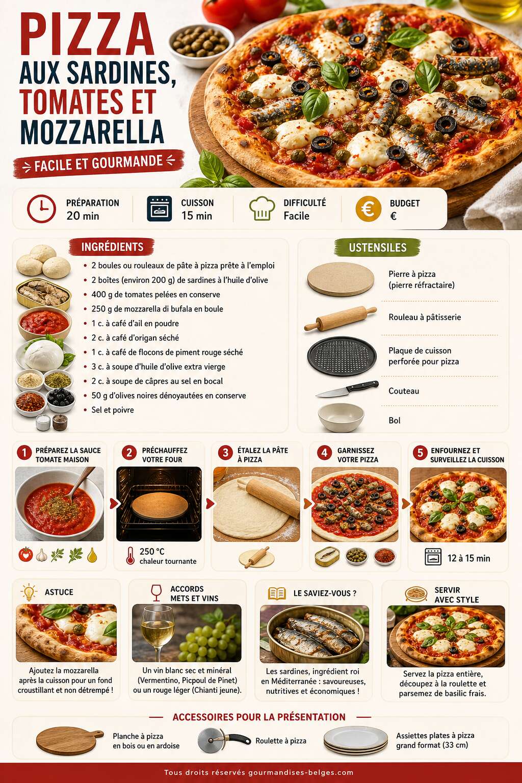 Fiche recette Pizza aux sardines, tomates et mozzarella : la recette facile et gourmande Fiche recette Pizza aux sardines, tomates et mozzarella : la recette facile et gourmande
