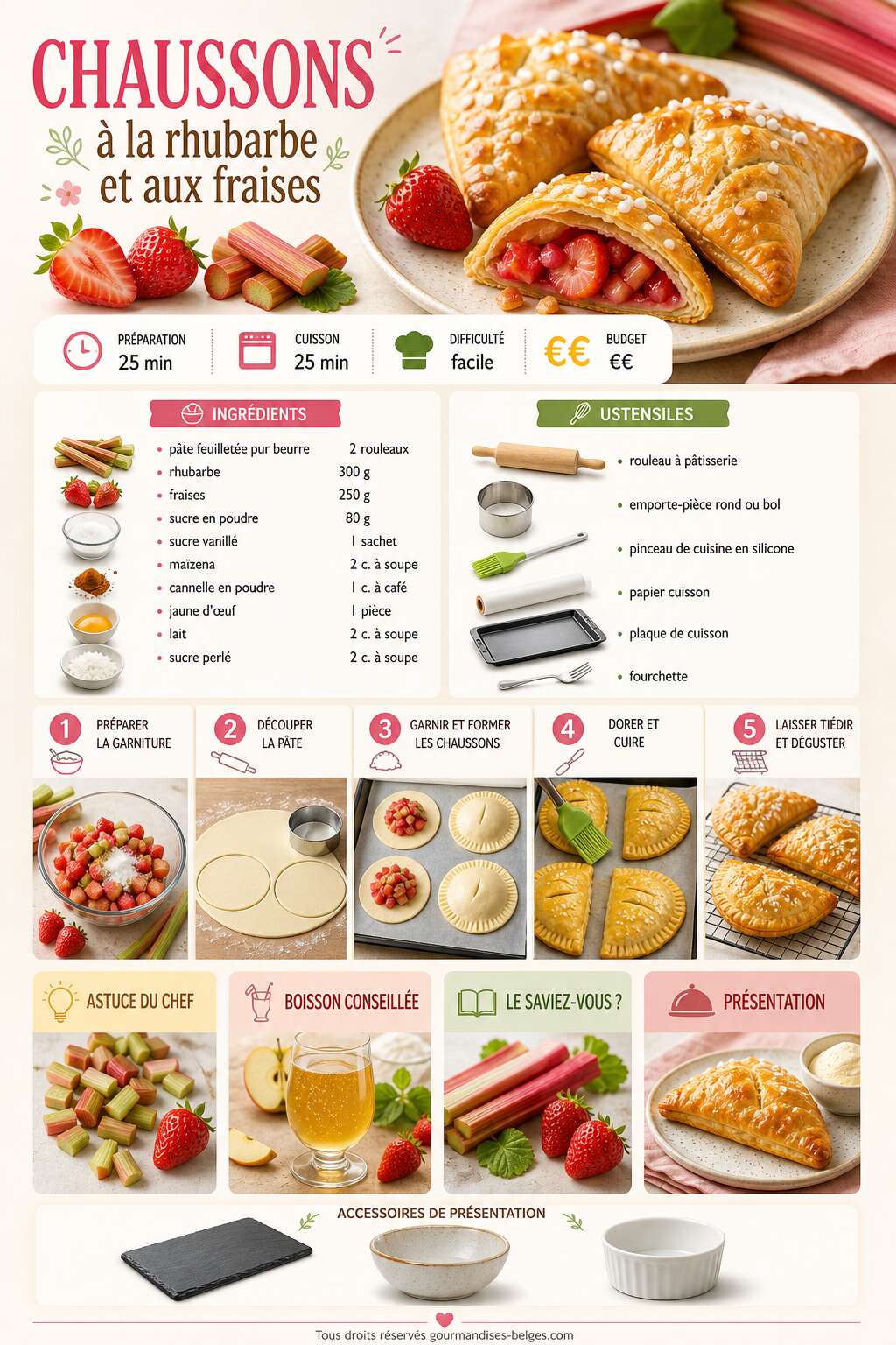Fiche recette Recette de chaussons à la rhubarbe et aux fraises Fiche recette Recette de chaussons à la rhubarbe et aux fraises