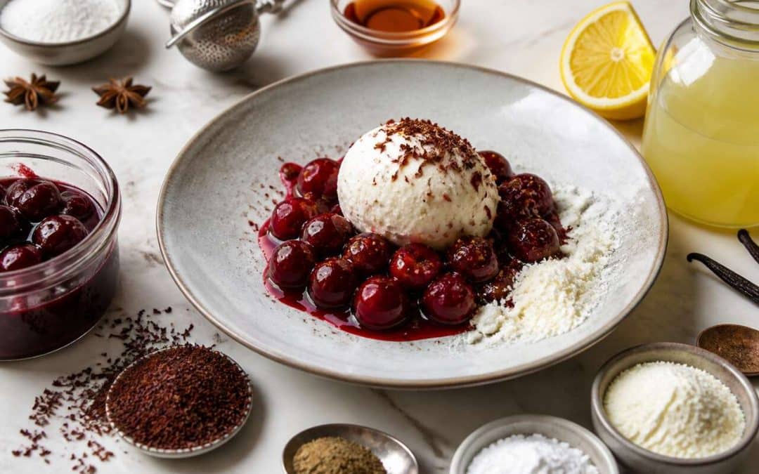 Recette de cerises au rooibos, sorbet au fromage blanc