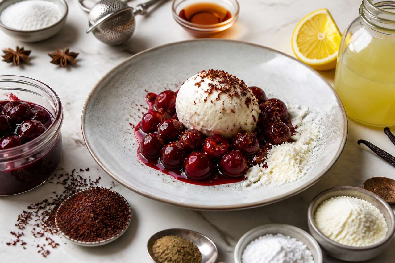 Recette de cerises au rooibos, sorbet au fromage blanc