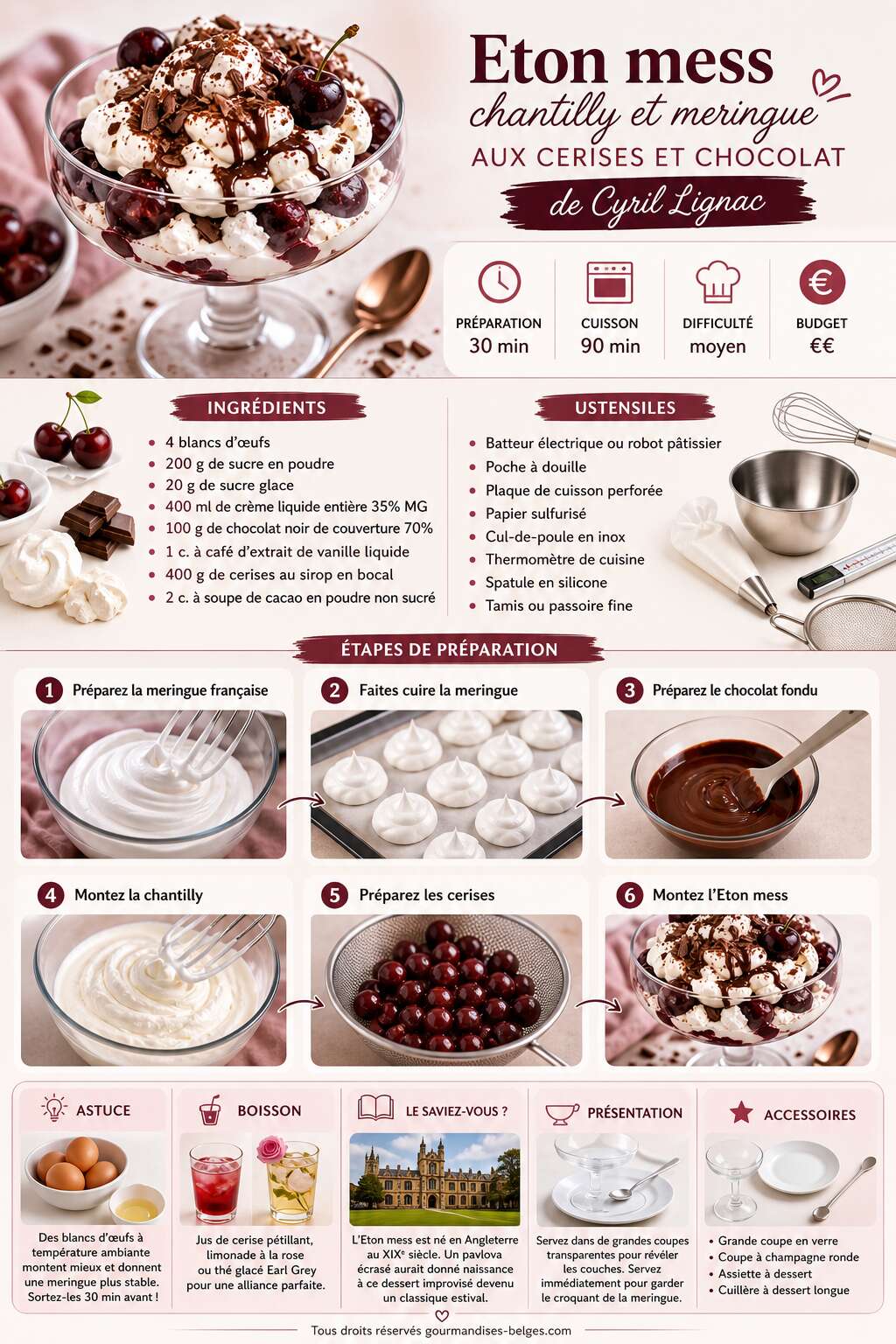 Fiche recette Recette d'Eton mess chantilly et meringue aux cerises et chocolat de Cyril Lignac
