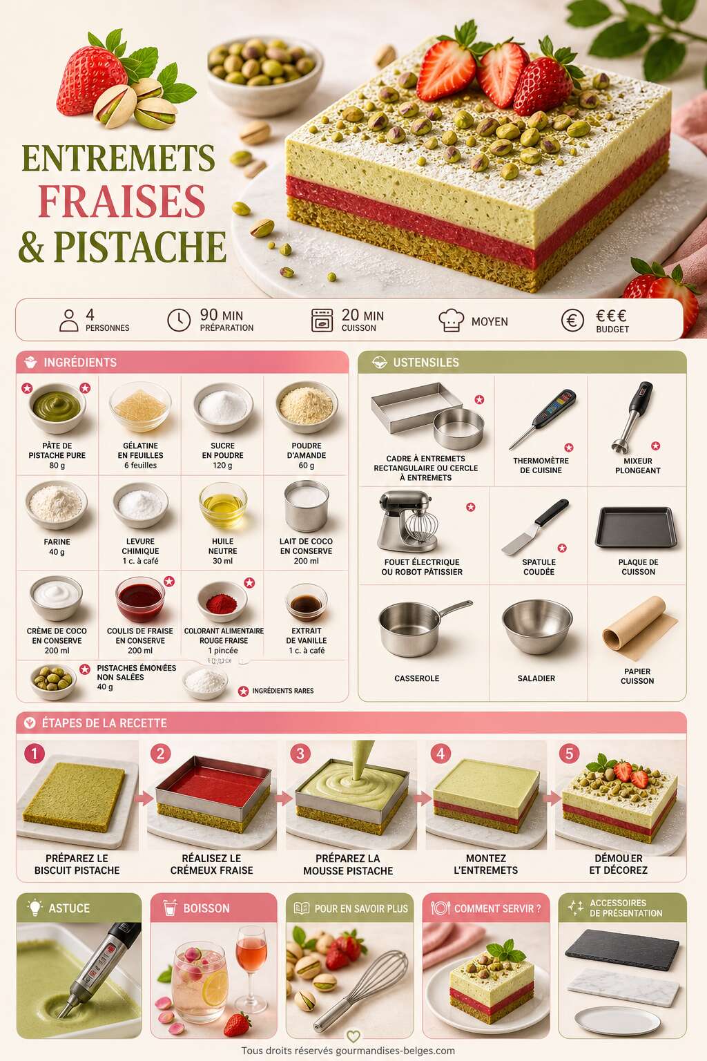 Fiche recette Recette d'entremets fraises et pistache
