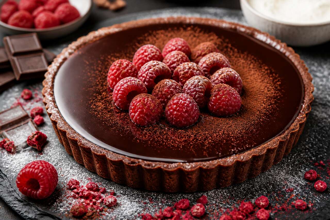 Recette de tarte au chocolat et framboises
