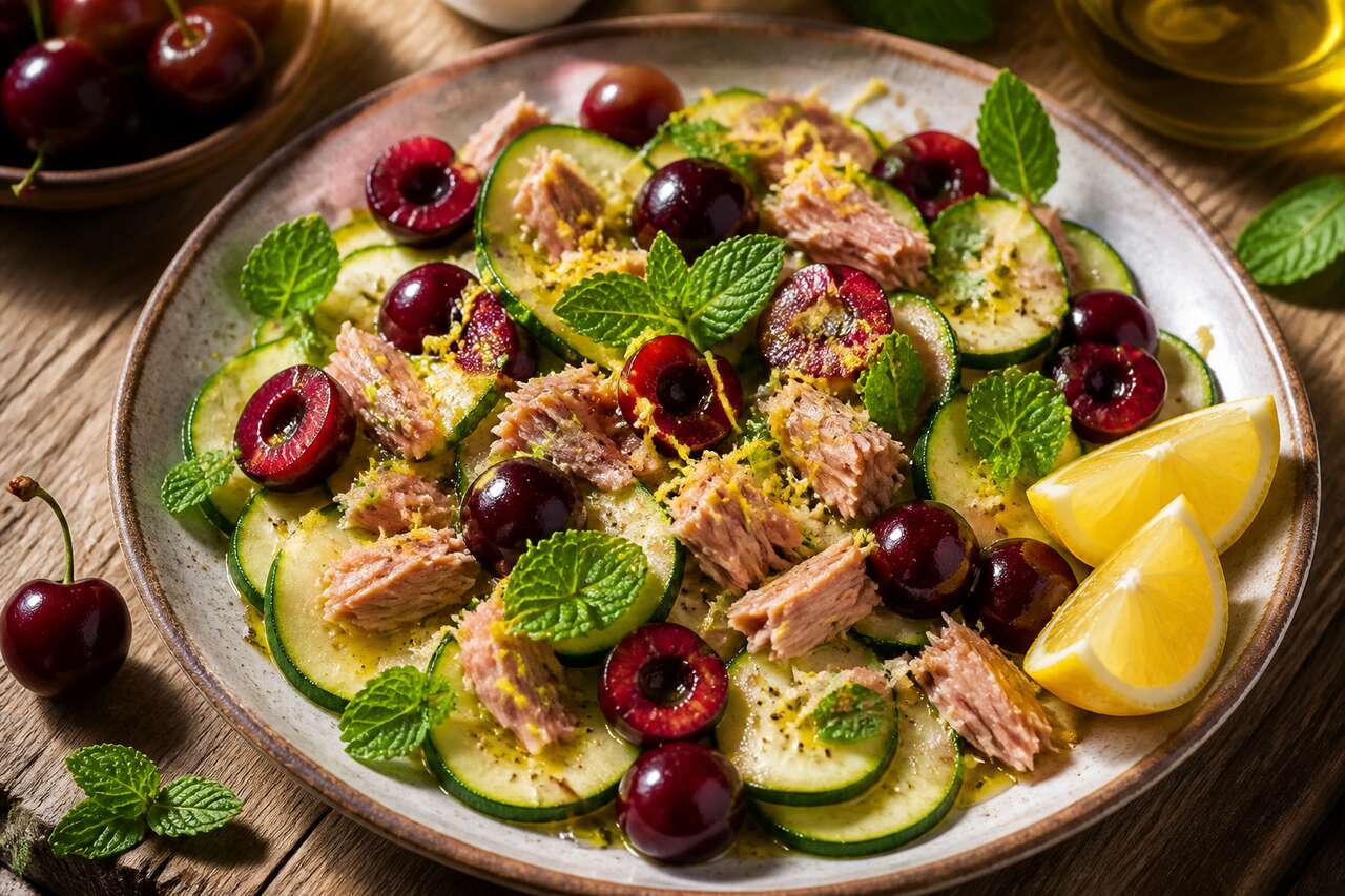 Salade de courgettes à la menthe, thon et cerises de Cyril Lignac : la recette fraîcheur de l'été