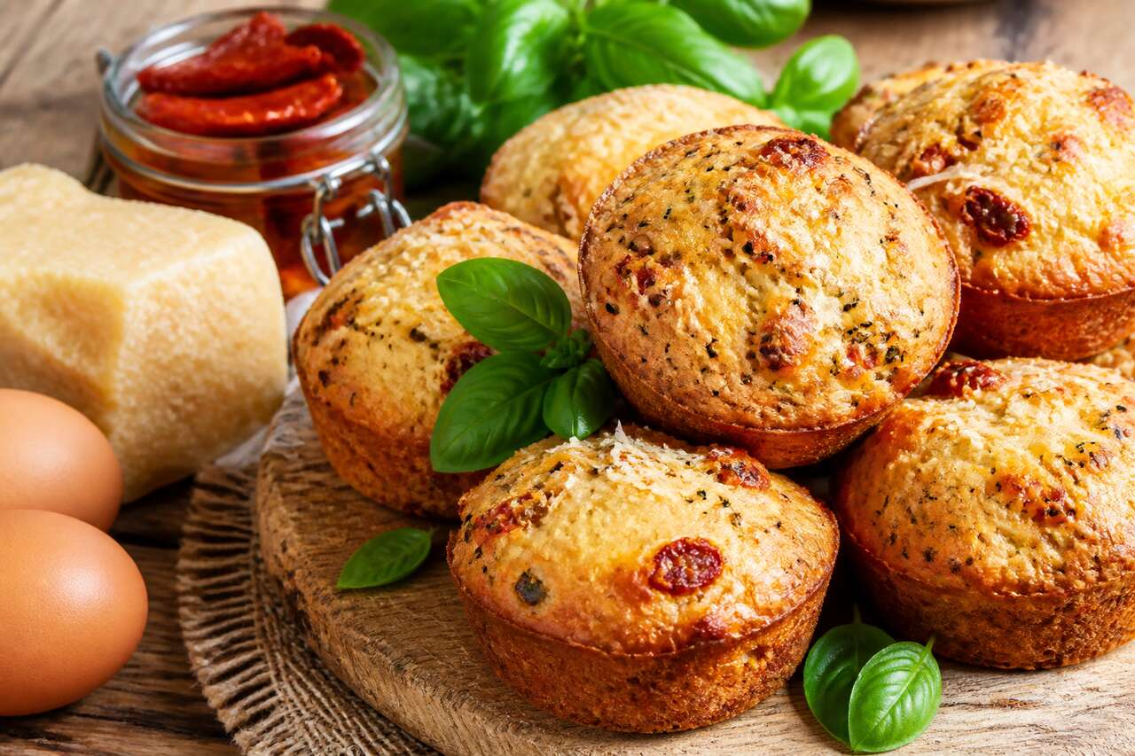 Recette de muffins salés estivaux au Grana Padano, tomates séchées et basilic