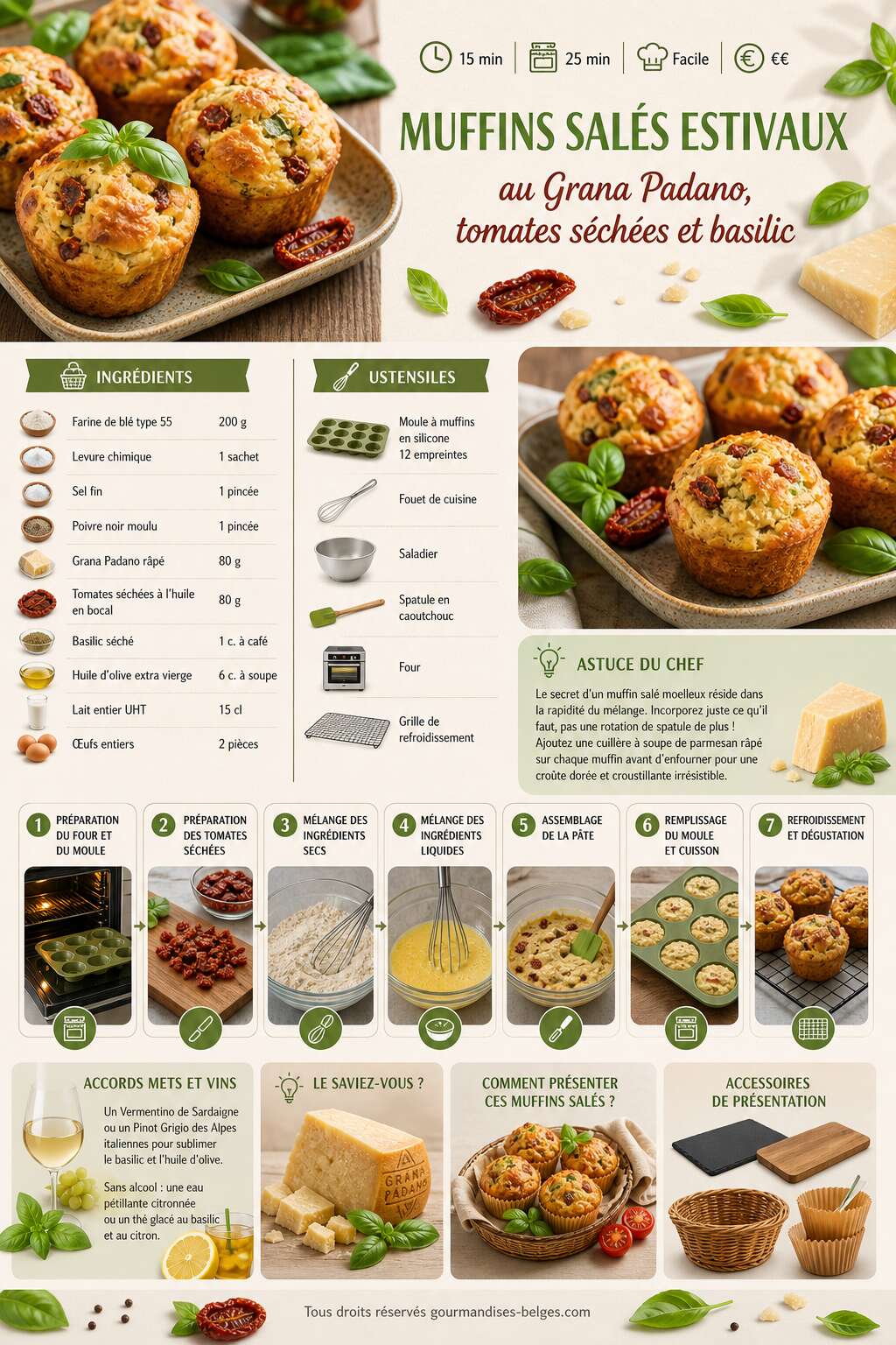 Fiche recette Recette de muffins salés estivaux au Grana Padano, tomates séchées et basilic Fiche recette Recette de muffins salés estivaux au Grana Padano, tomates séchées et basilic
