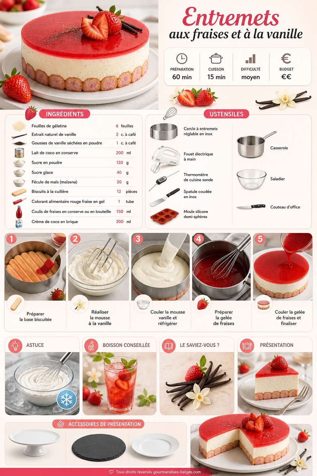 Fiche recette Recette d'entremets aux fraises et à la vanille Fiche recette Recette d'entremets aux fraises et à la vanille