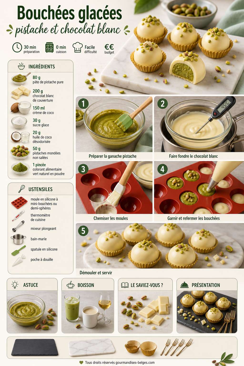 Fiche recette Recette de bouchées glacées pistache et chocolat blanc Fiche recette Recette de bouchées glacées pistache et chocolat blanc