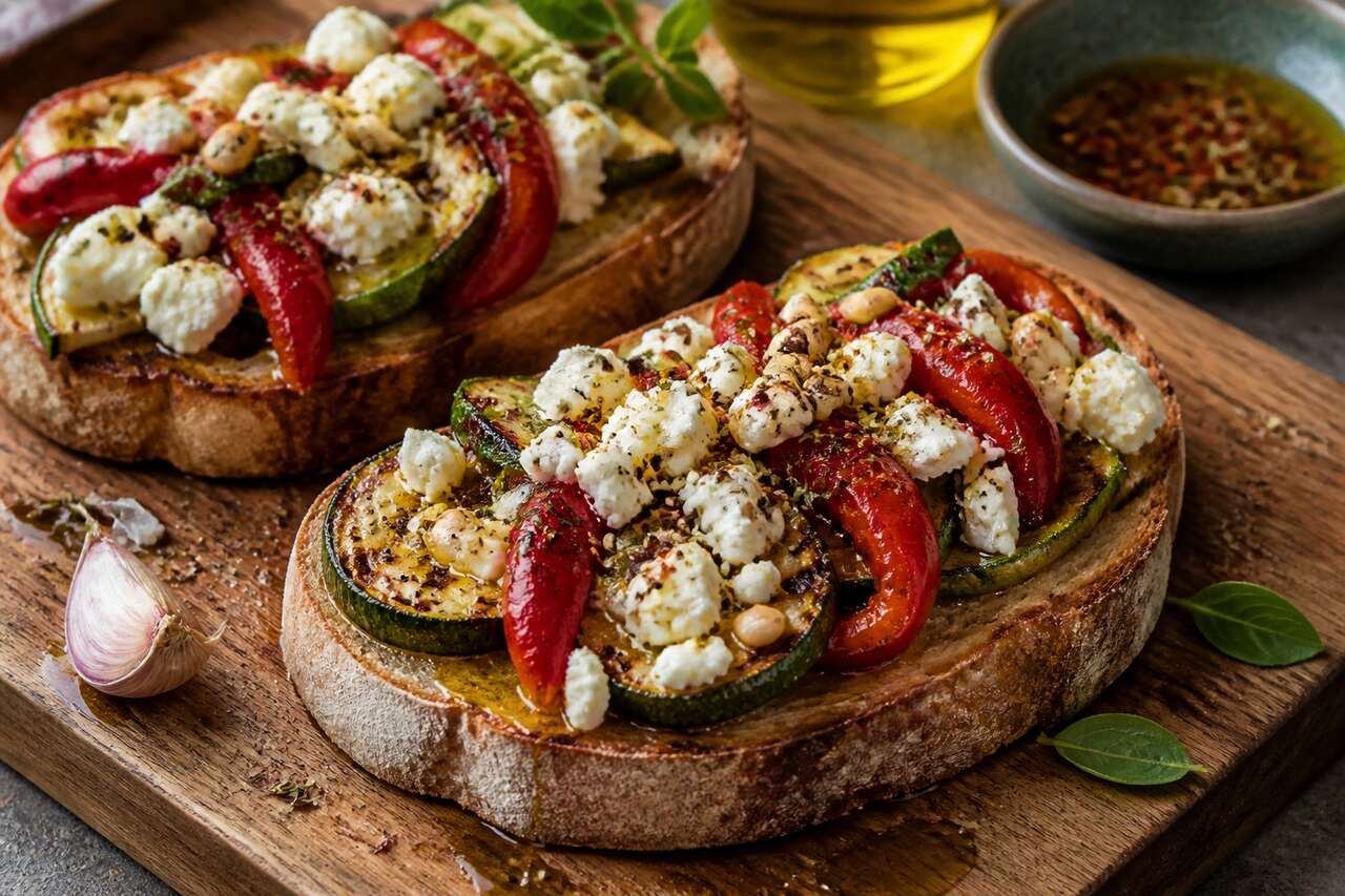 Tartines de feta, pignons de pin, courgettes et poivrons grillés : la recette estivale irrésistible