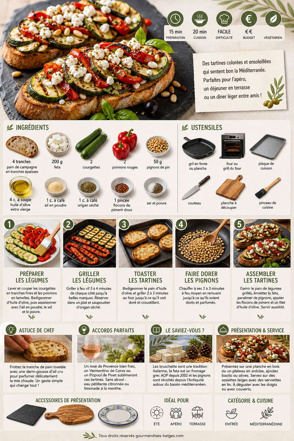 Fiche recette Tartines de feta, pignons de pin, courgettes et poivrons grillés : la recette estivale irrésistible Fiche recette Tartines de feta, pignons de pin, courgettes et poivrons grillés : la recette estivale irrésistible