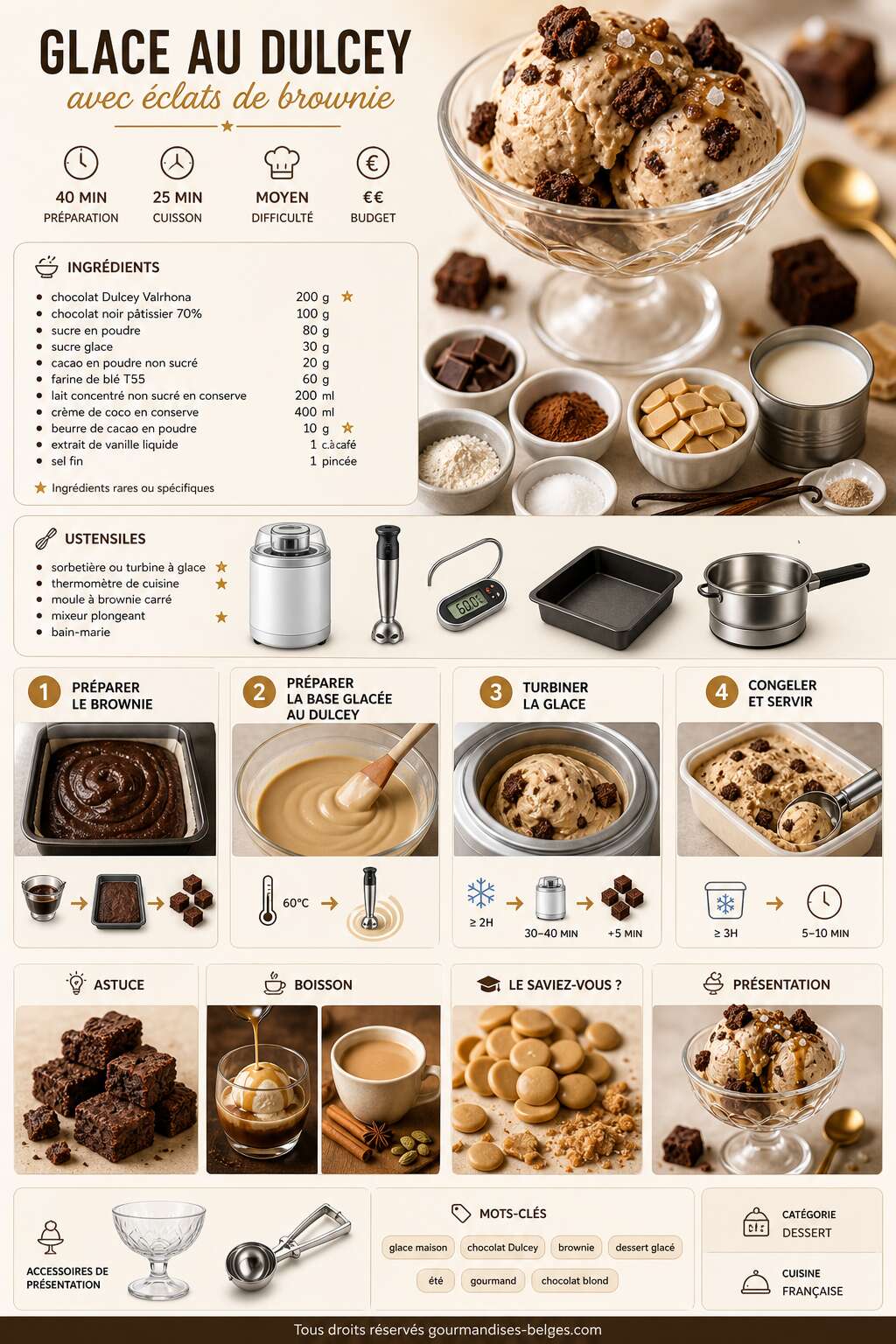 Fiche recette Recette de glace au Dulcey avec éclats de brownie Fiche recette Recette de glace au Dulcey avec éclats de brownie