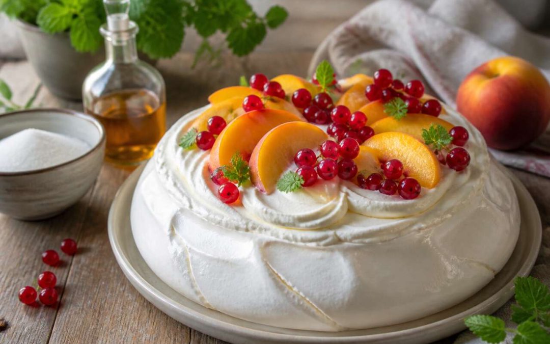 Recette de pavlova aux groseilles, pêches et verveine citronnelle