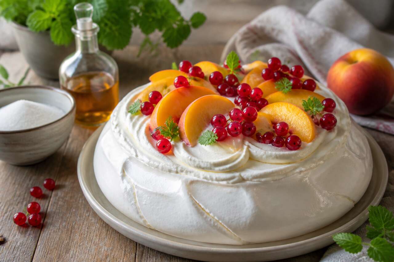 Recette de pavlova aux groseilles, pêches et verveine citronnelle