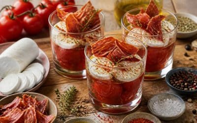Recette de verrines de tomates au chèvre et croustillant de jambon cru