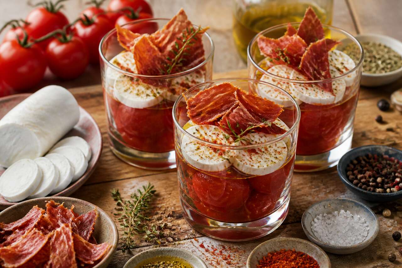 Recette de verrines de tomates au chèvre et croustillant de jambon cru