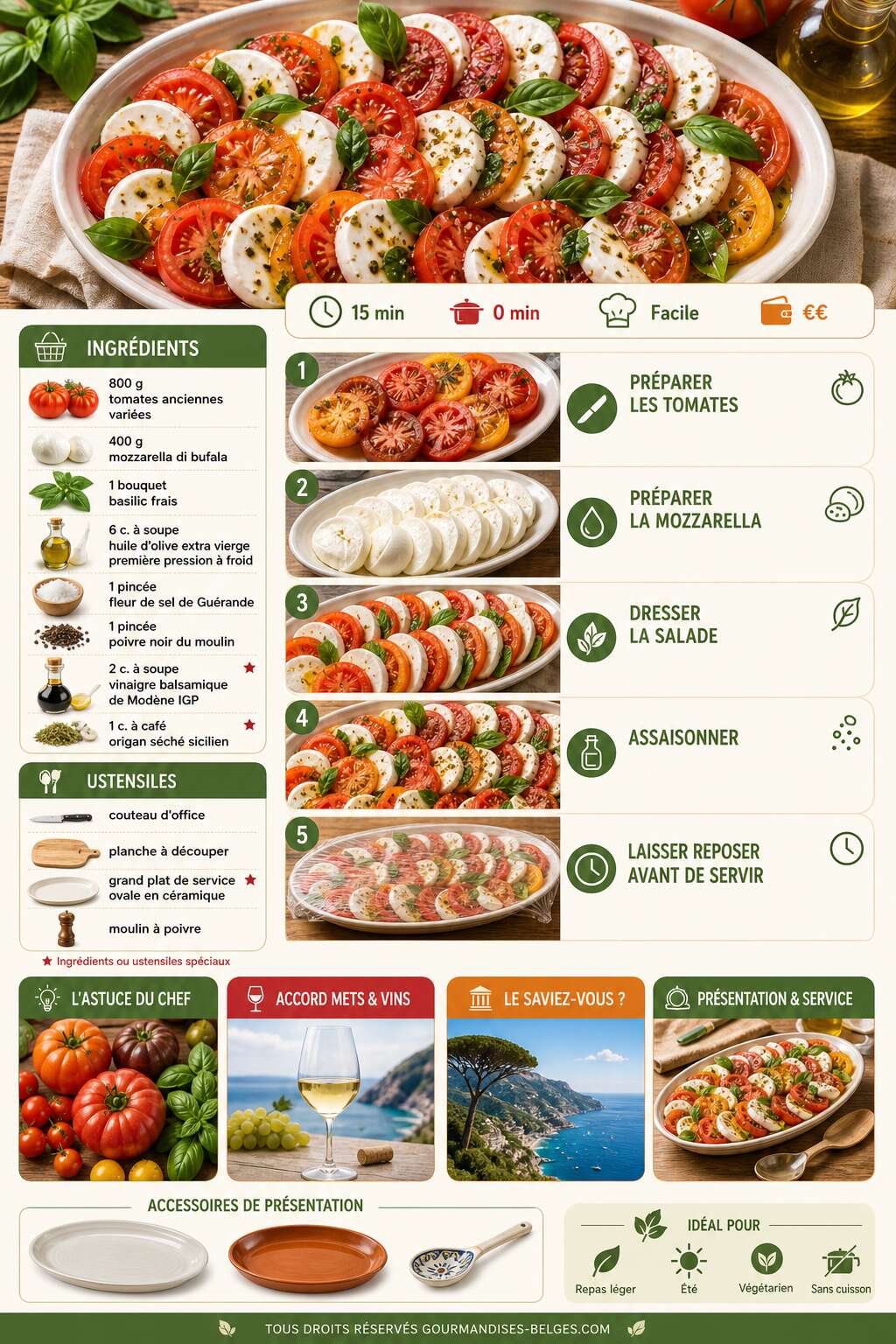 Fiche recette Recette de salade d'été aux tomates, mozzarella et basilic Fiche recette Recette de salade d'été aux tomates, mozzarella et basilic