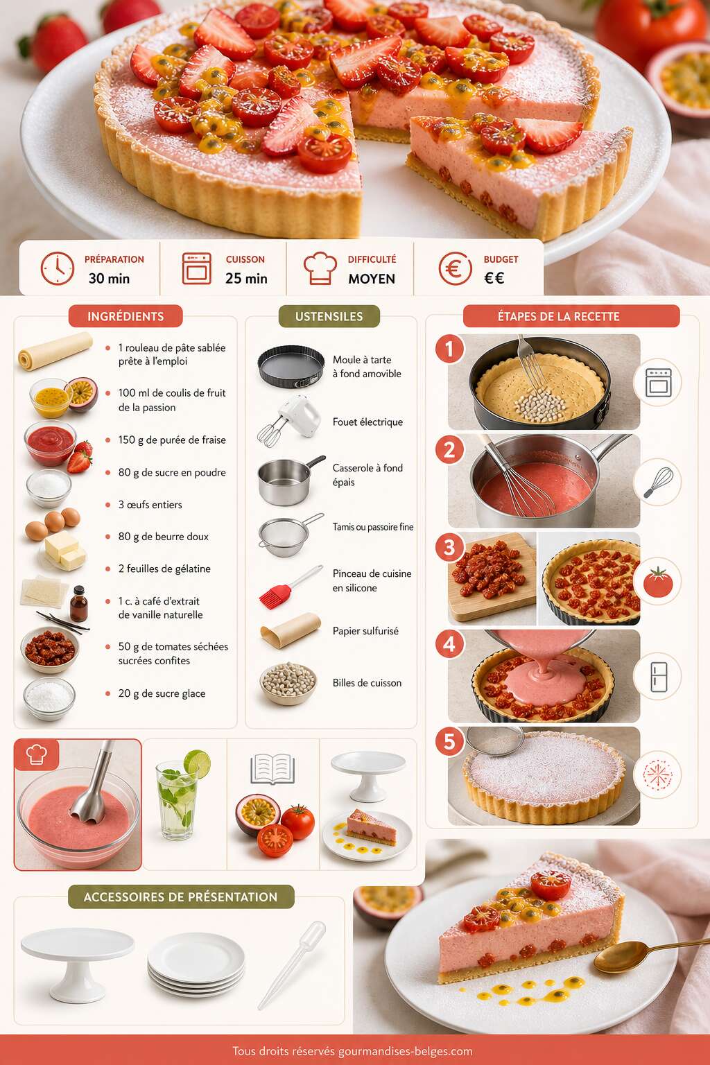 Fiche recette Recette de tarte fraise, tomate et passion : un dessert original et savoureux Fiche recette Recette de tarte fraise, tomate et passion : un dessert original et savoureux