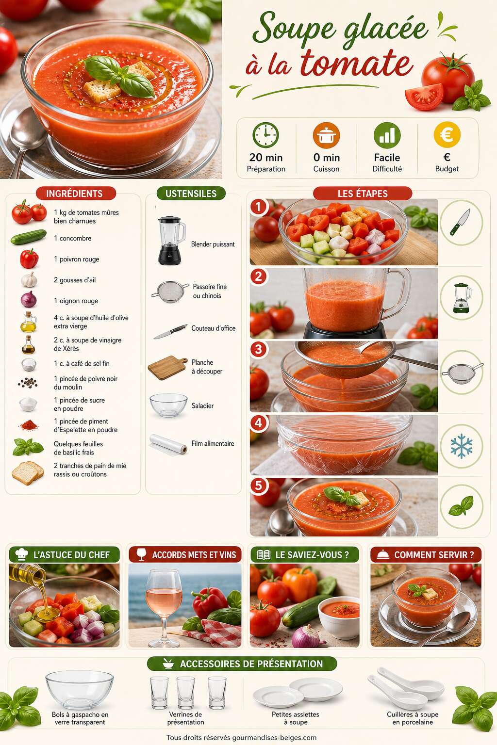 Fiche recette Recette de soupe glacée à la tomate fraîche et savoureuse Fiche recette Recette de soupe glacée à la tomate fraîche et savoureuse