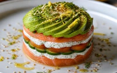Recette du mille-feuilles de saumon, ricotta, concombre, tomates et guacamole