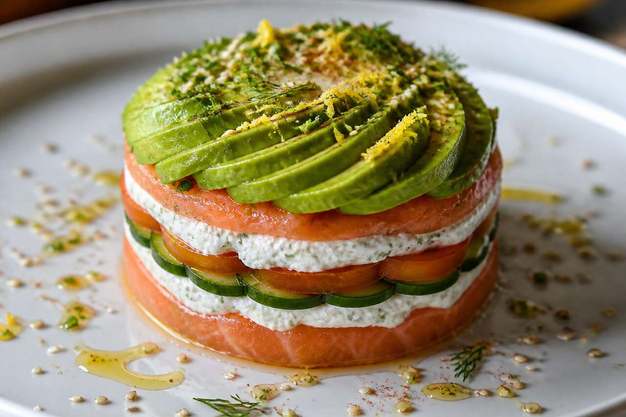 Recette du mille-feuilles de saumon, ricotta, concombre, tomates et guacamole