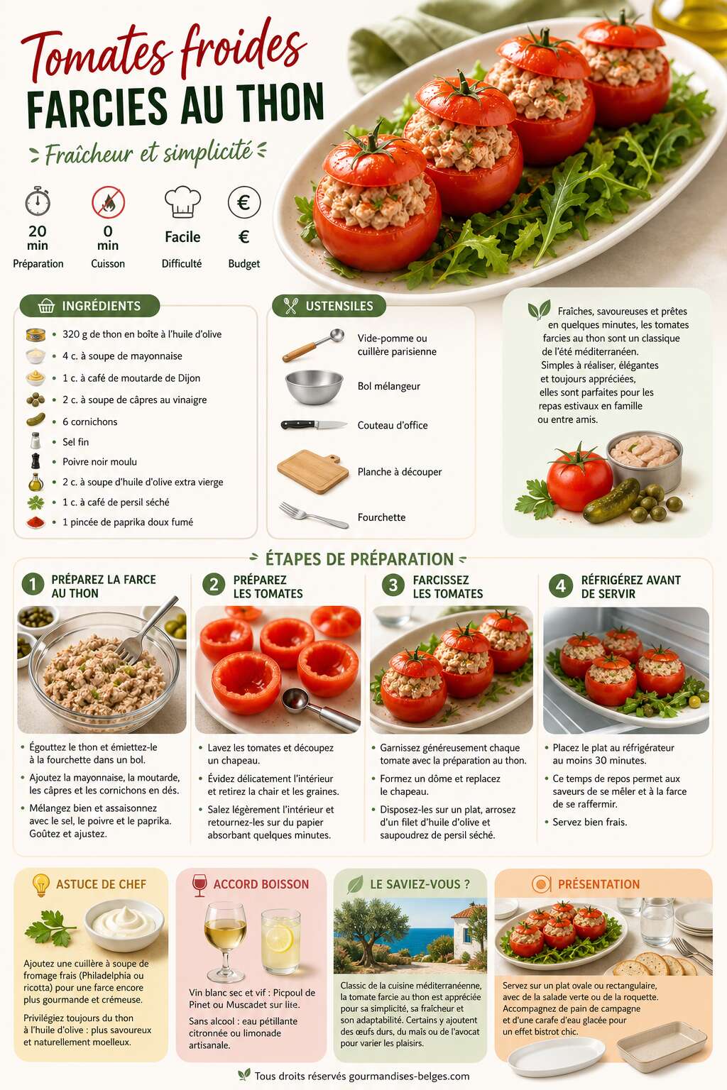 Fiche recette Recette de tomates froides farcies au thon : fraîcheur et simplicité Fiche recette Recette de tomates froides farcies au thon : fraîcheur et simplicité