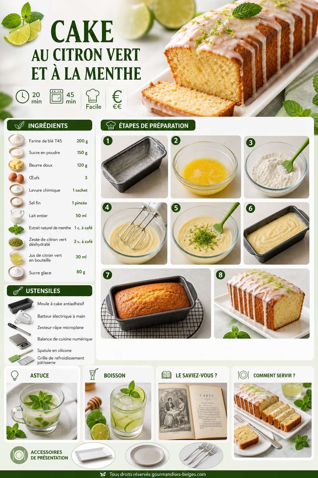 Fiche recette Recette du cake au citron vert et &agrave; la menthe
