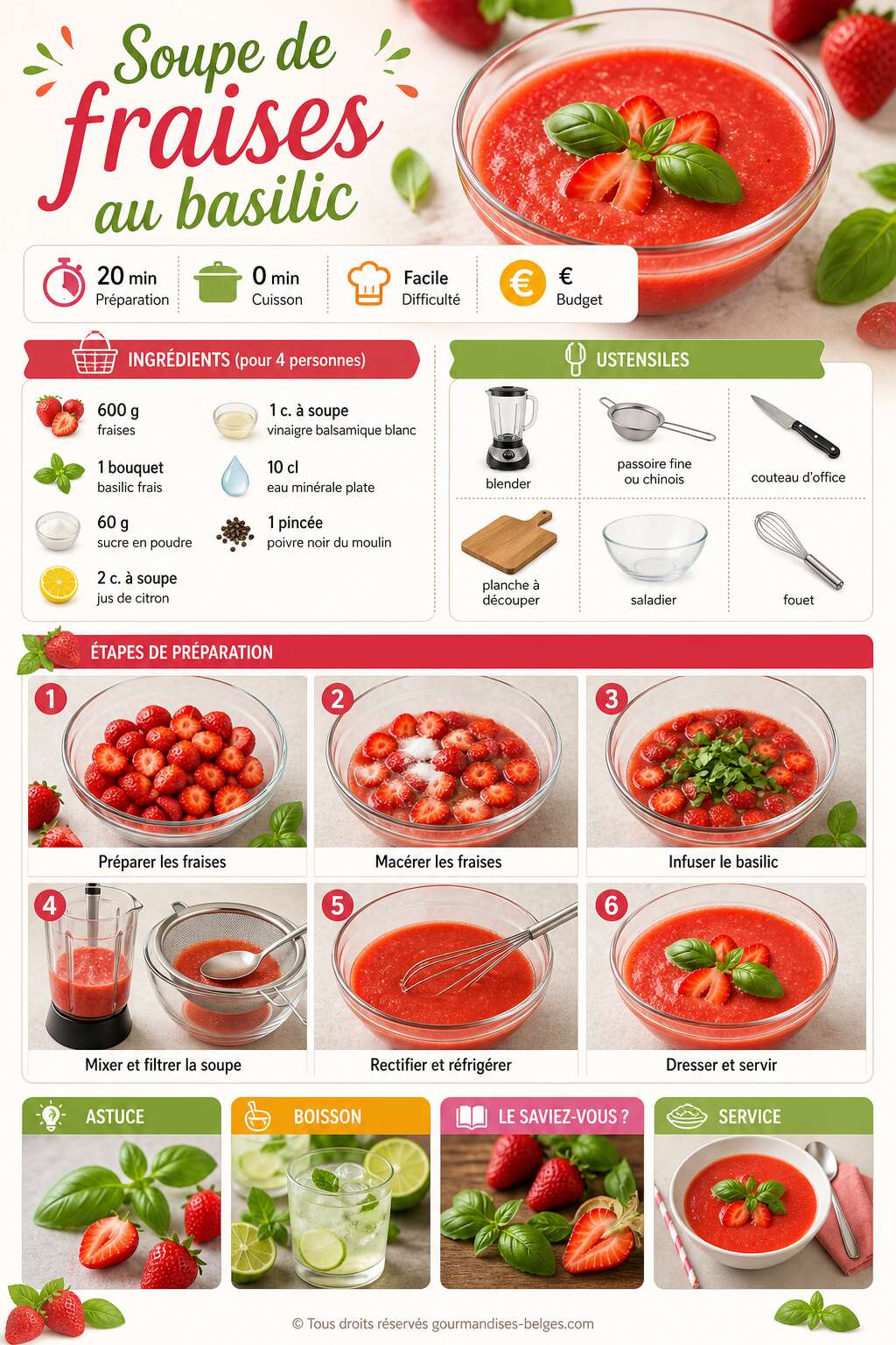 Fiche recette Recette de soupe de fraises au basilic : fraîcheur et gourmandise Fiche recette Recette de soupe de fraises au basilic : fraîcheur et gourmandise