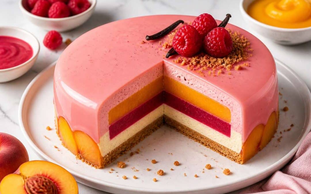 Recette d'entremets pêche Melba : pêche, framboise et vanille