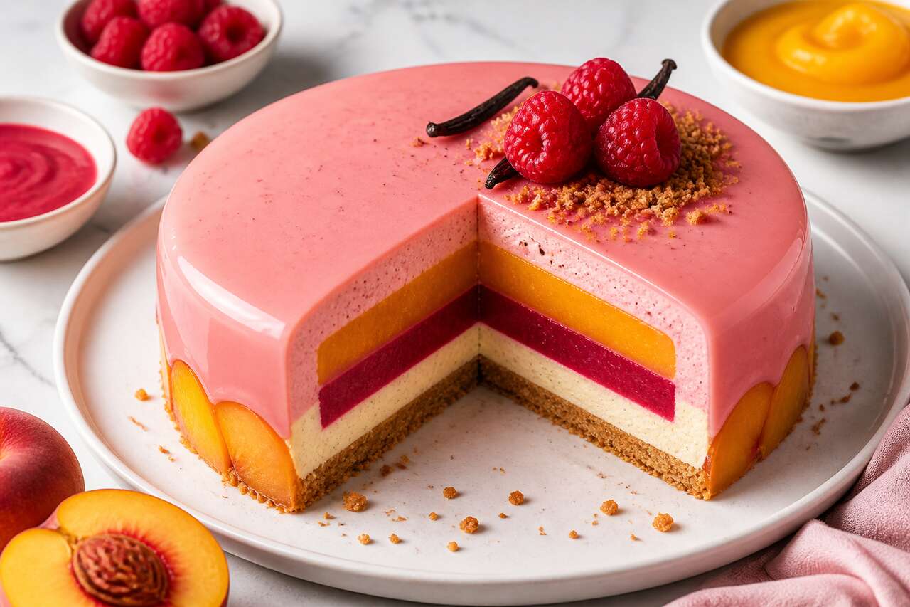 Recette d'entremets pêche Melba : pêche, framboise et vanille