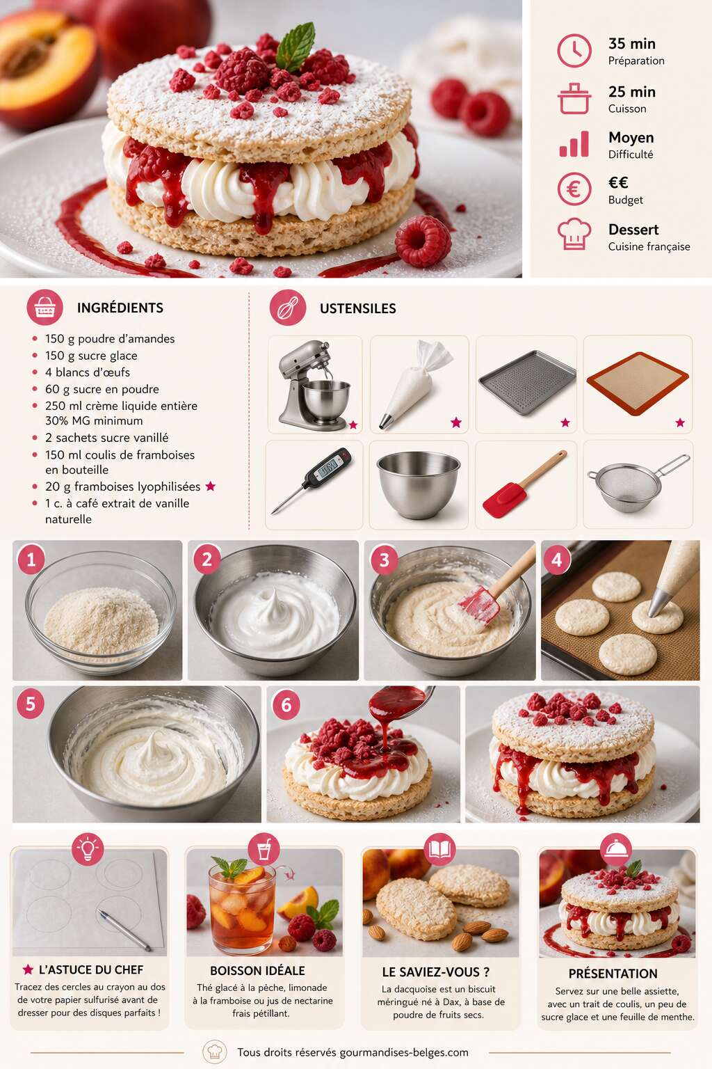 Fiche recette Recette de dacquoises aux framboises et nectarines