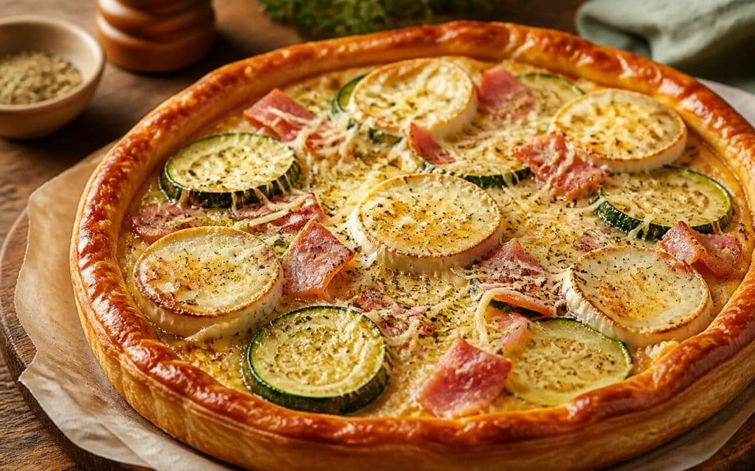 Recette de tarte aux courgettes, chèvre et jambon : simple et savoureuse