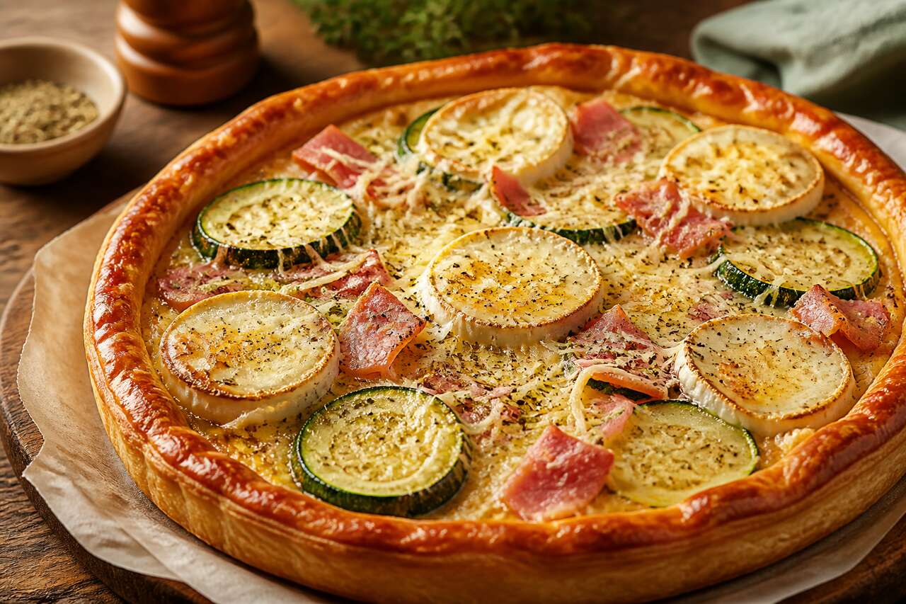 Recette de tarte aux courgettes, ch&egrave;vre et jambon : simple et savoureuse