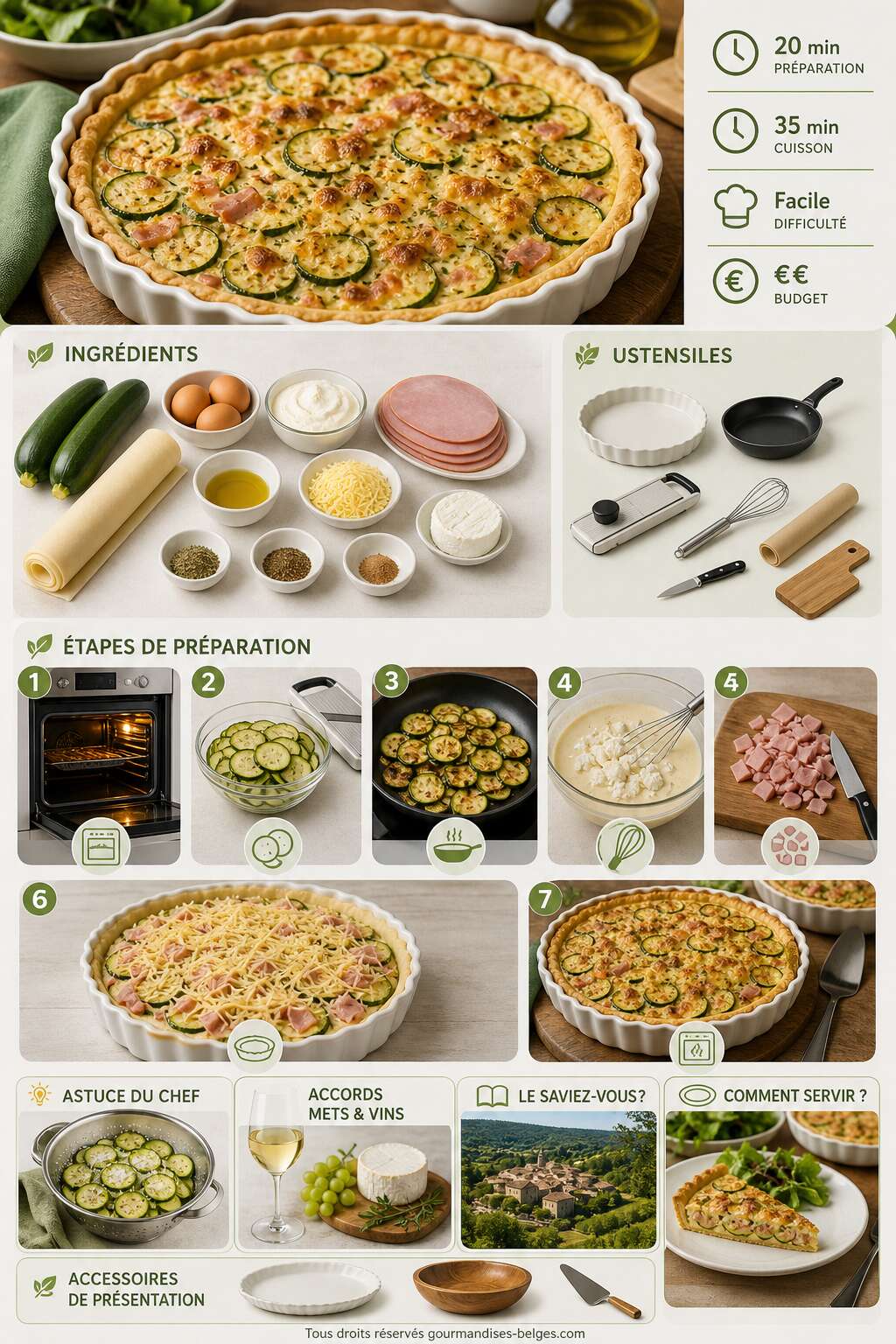 Fiche recette Recette de tarte aux courgettes, ch&egrave;vre et jambon : simple et savoureuse