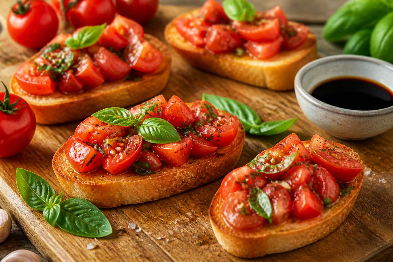 Recette de pains grill&eacute;s &agrave; l'ail et tomates fa&ccedil;on bruschetta