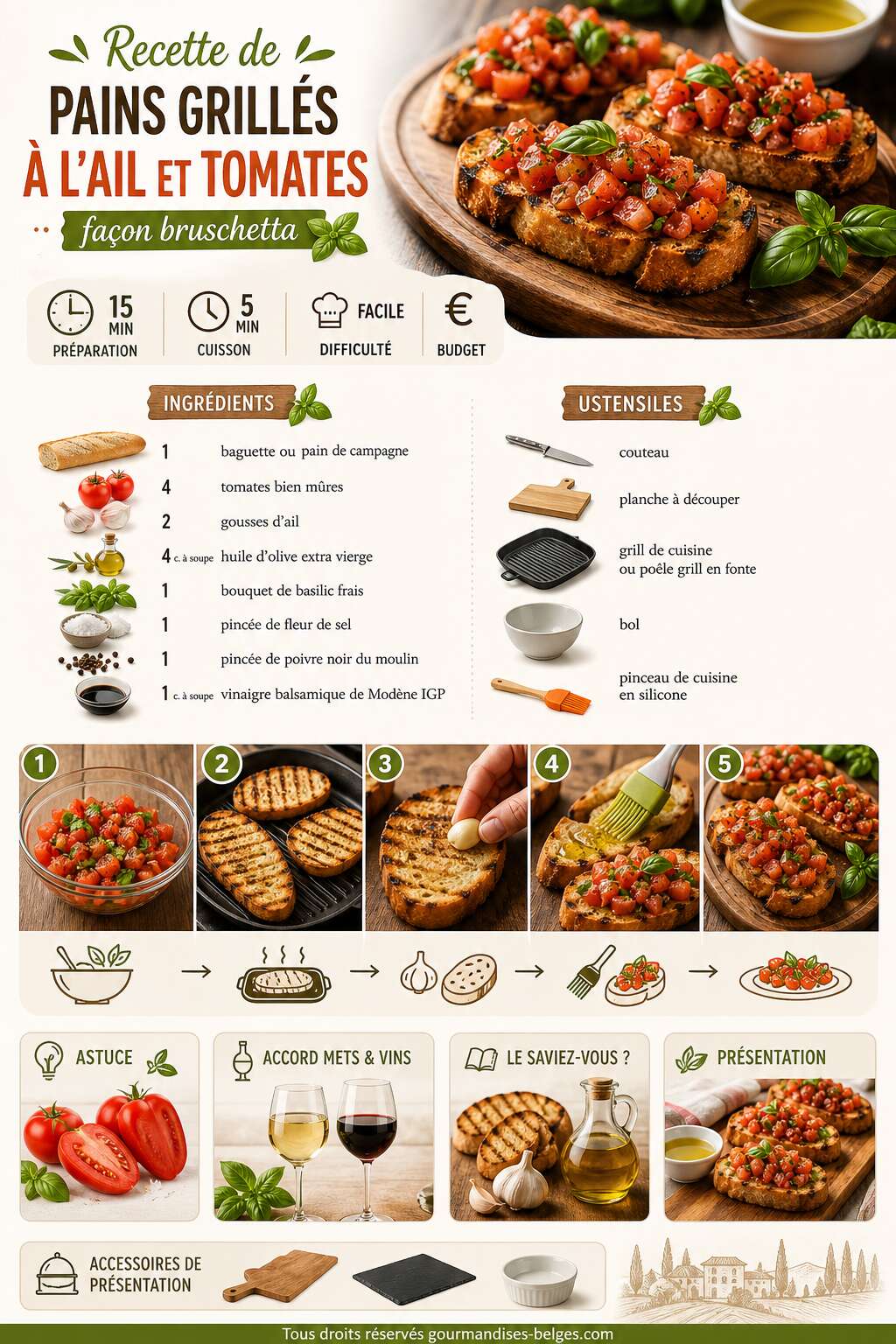Fiche recette Recette de pains grill&eacute;s &agrave; l'ail et tomates fa&ccedil;on bruschetta