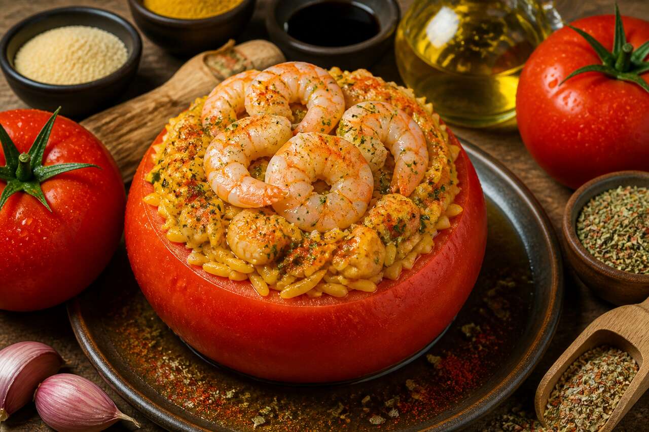 Recette de tomates surprises &agrave; l'ebly et aux crevettes