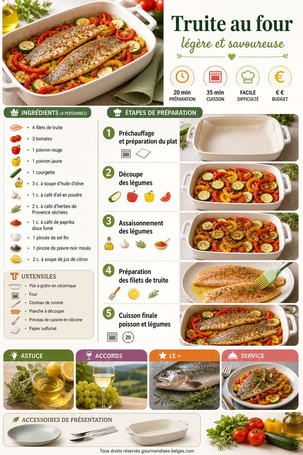 Fiche recette Recette l&eacute;g&egrave;re de truite au four avec tomates, poivrons et courgette