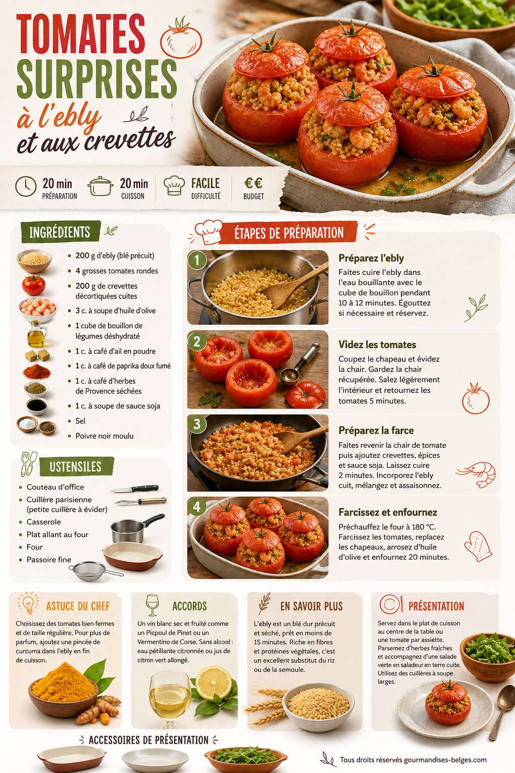 Fiche recette Recette de tomates surprises &agrave; l'ebly et aux crevettes